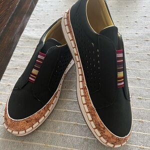 Black Slip-On Sneakers with Cork and Stripes